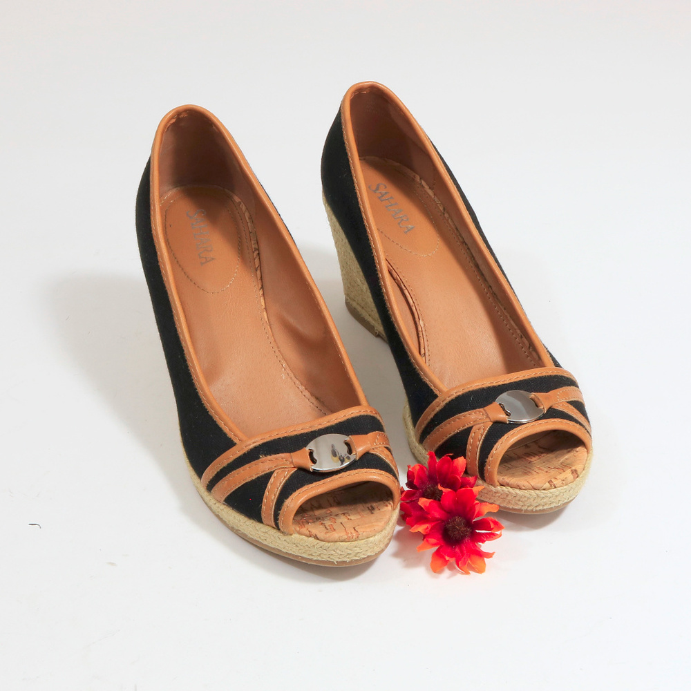 Sahara Black Canvas Espadrille Wedge Heels